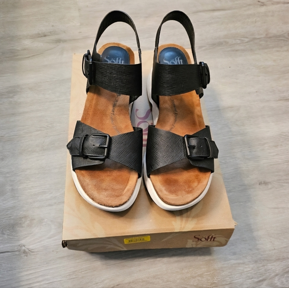 Sofft Black and Tan Sandals with Dual Buckle